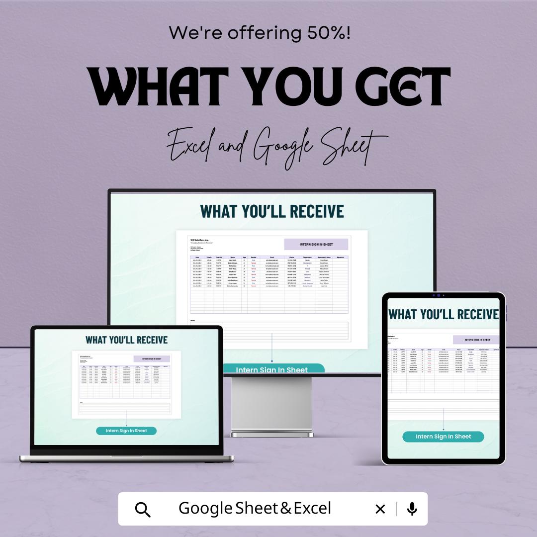 Intern Sign In Sheet Template | Attendance Tracker Excel | Intern Hours Log Google Sheets | Employee Time Sheet | Internship Attendance Form