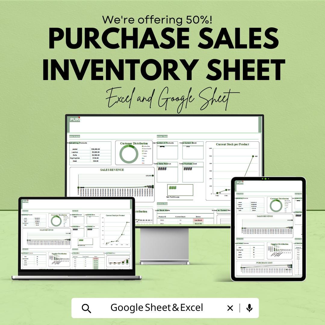 Purchase Sales Inventory Sheet | Excel & Google Sheets | Sales, Purchases, Inventory Tracking Dashboard | Business Management Template