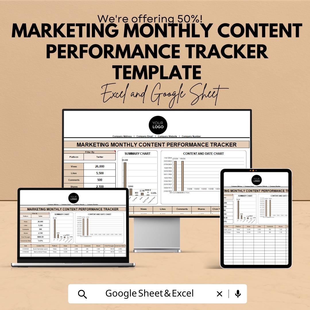 Marketing Monthly Content Performance Tracker Template |  Social Media Tracker | Marketing KPI Dashboard | Content Metrics Log