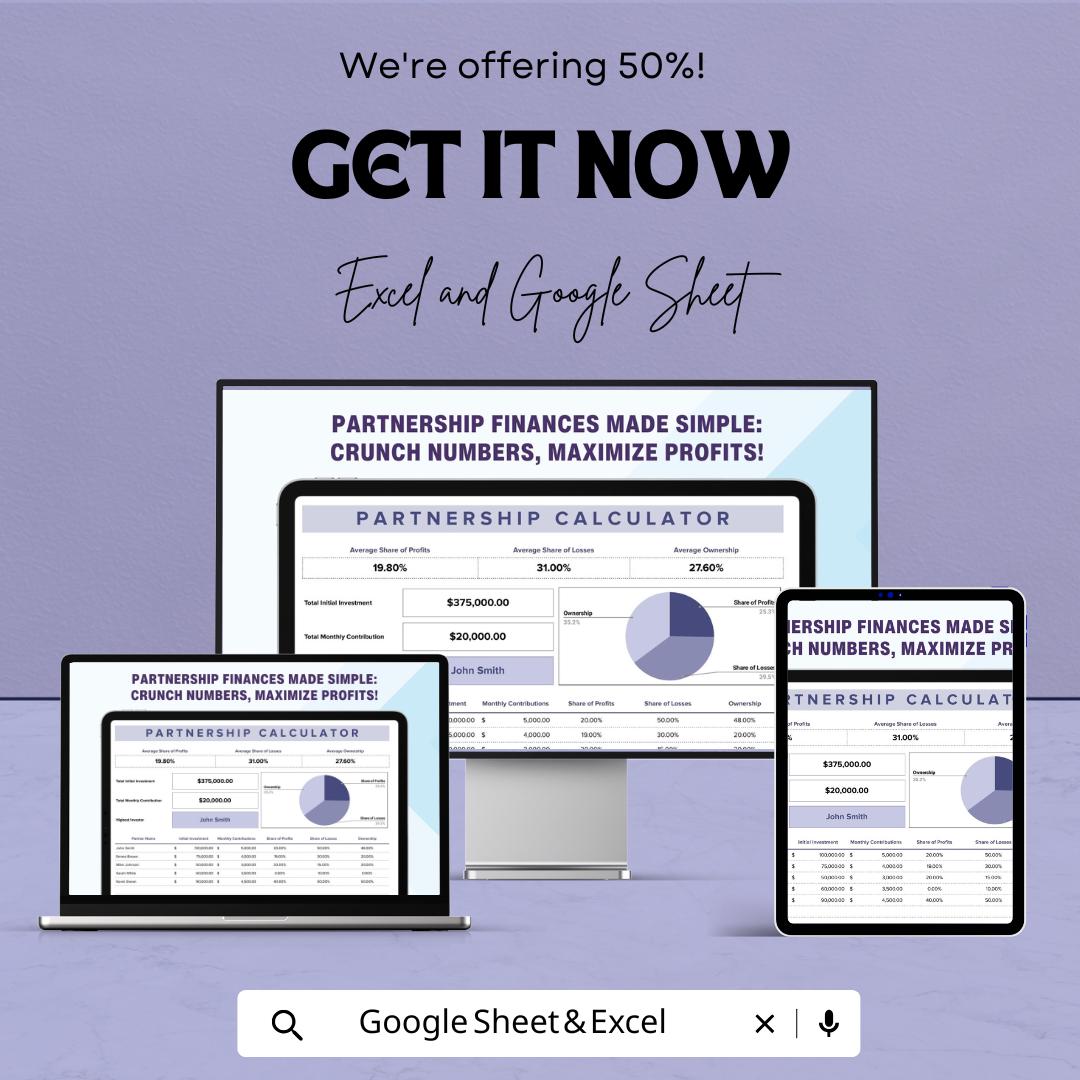Partnership Calculator Template | Profit and Loss Distribution Calculator for Excel & Google Sheets