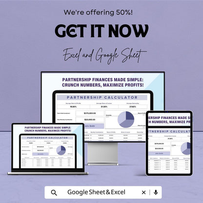 Partnership Calculator Template | Profit and Loss Distribution Calculator for Excel & Google Sheets