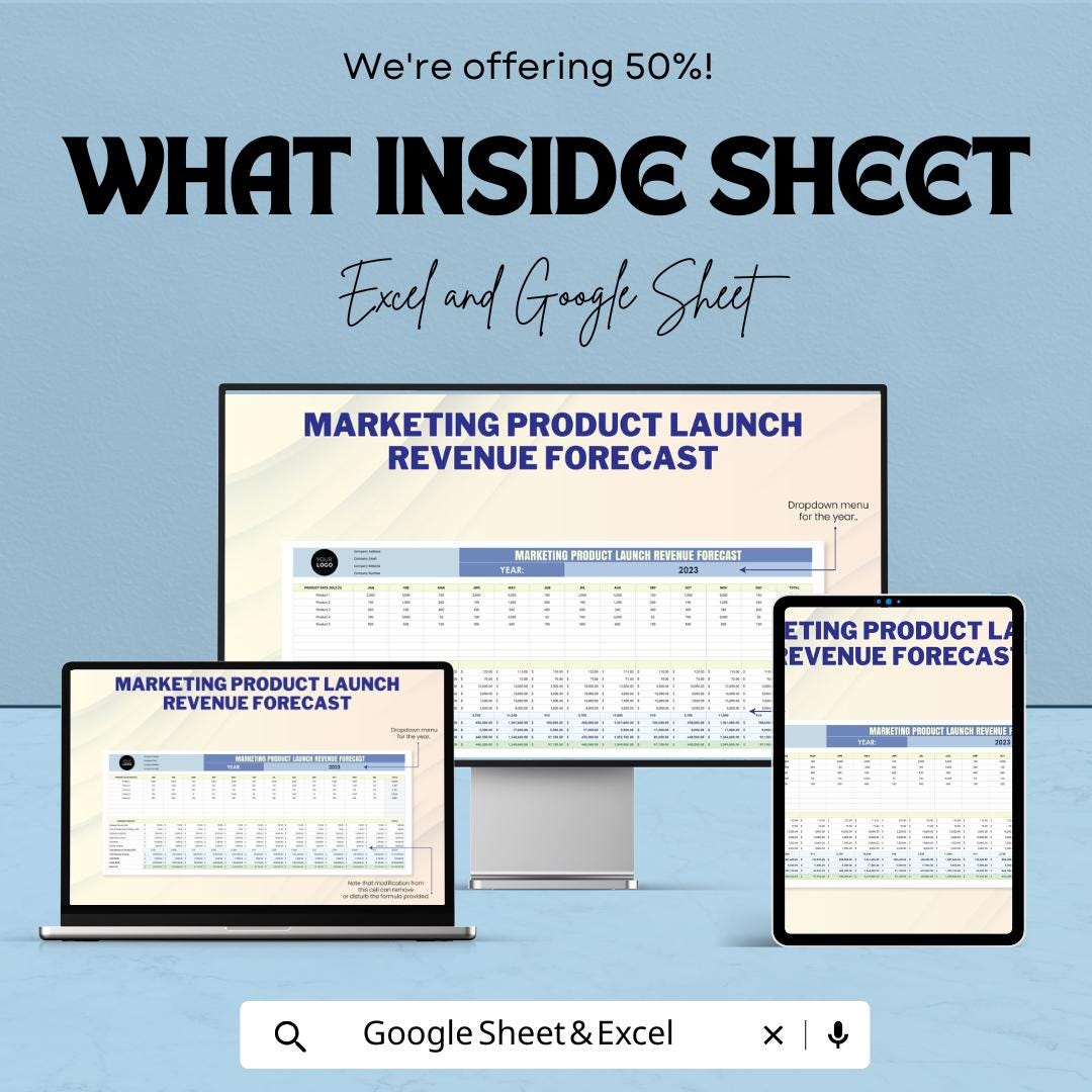 Marketing Product Launch Revenue Forecast Template | Excel and Google Sheet | Plan & Forecast Product Launches | Sales Forecasting Tool |
