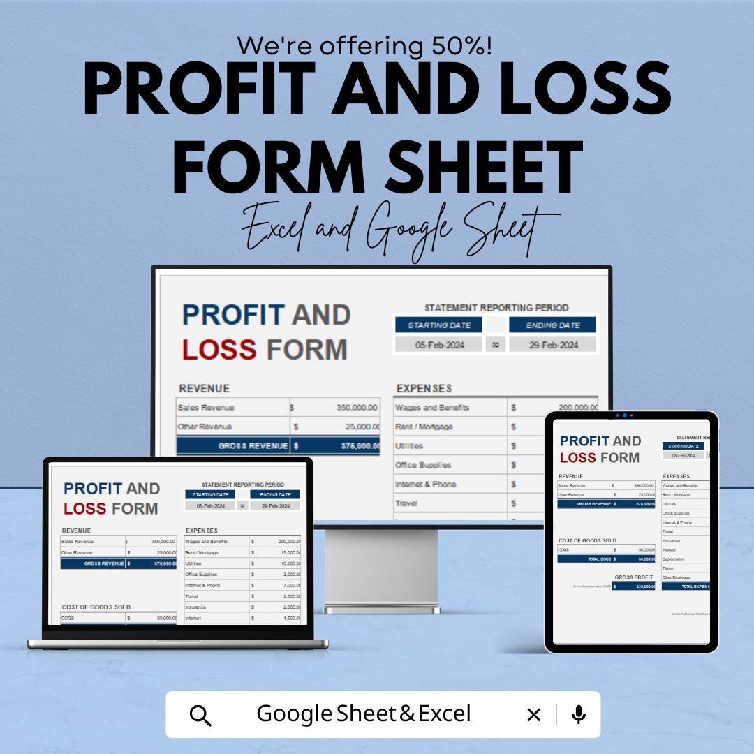 Profit and Loss Form Sheet – Excel and Google Sheets | Financial Statement Template | Business Expense & Revenue Tracker