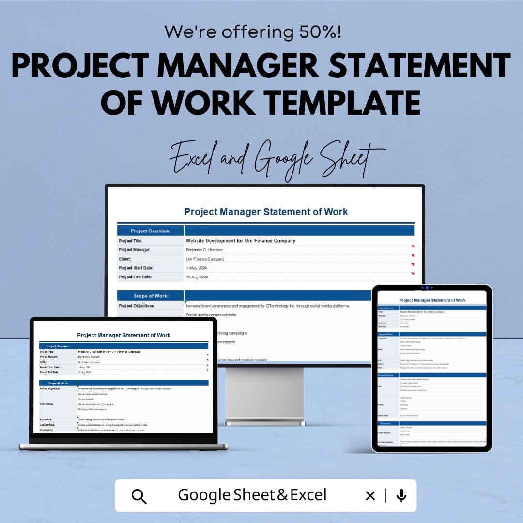 Project Manager Statement of Work Template | SOW Template | Project Planning Document | Printable SOW Form