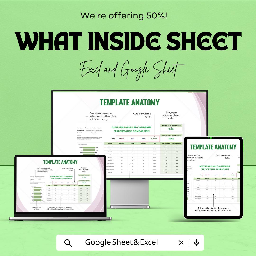 Advertising Multi-Campaign Performance Comparison Template for Excel & Google Sheets | 50% Off!