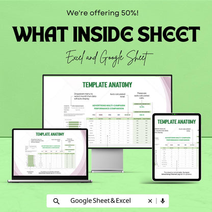 Advertising Multi-Campaign Performance Comparison Template for Excel & Google Sheets | 50% Off!