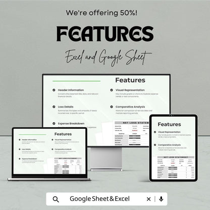 Net Loss Statement Sheet - Excel & Google Sheets | Financial Loss Tracker | Expense and Loss Analysis | Net Loss Report Template | 50% OFF