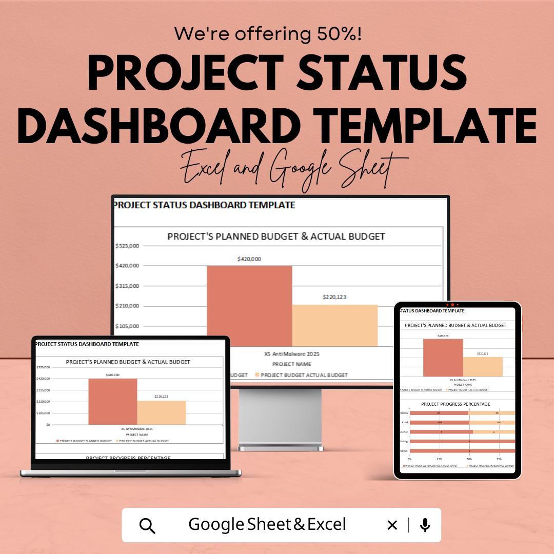 Project Status Dashboard Template , Project Management Dashboard, Project Progress Tracker, Budget vs Actual Tracker, PM Spreadsheet