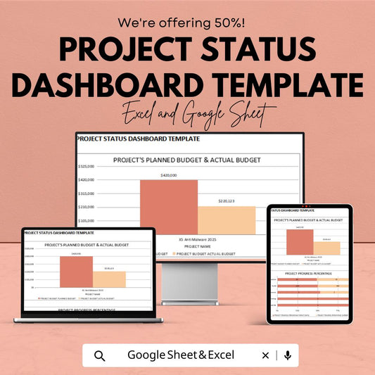 Project Status Dashboard Template , Project Management Dashboard, Project Progress Tracker, Budget vs Actual Tracker, PM Spreadsheet