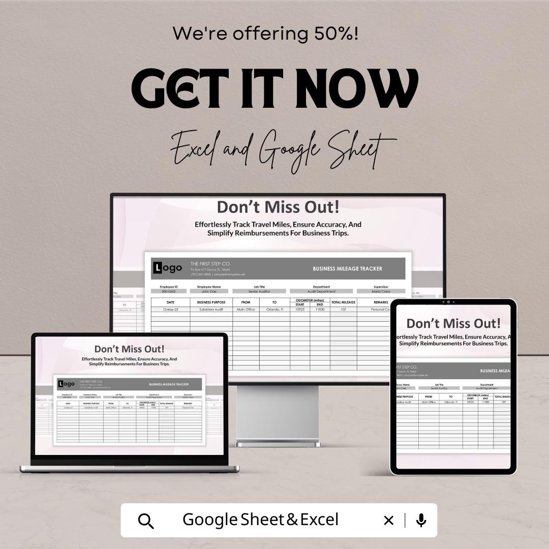 Employee Mileage Tracker Template Excel Google Sheets, Business Mileage Log Spreadsheet, Mileage Reimbursement Tracker, Travel Log Book