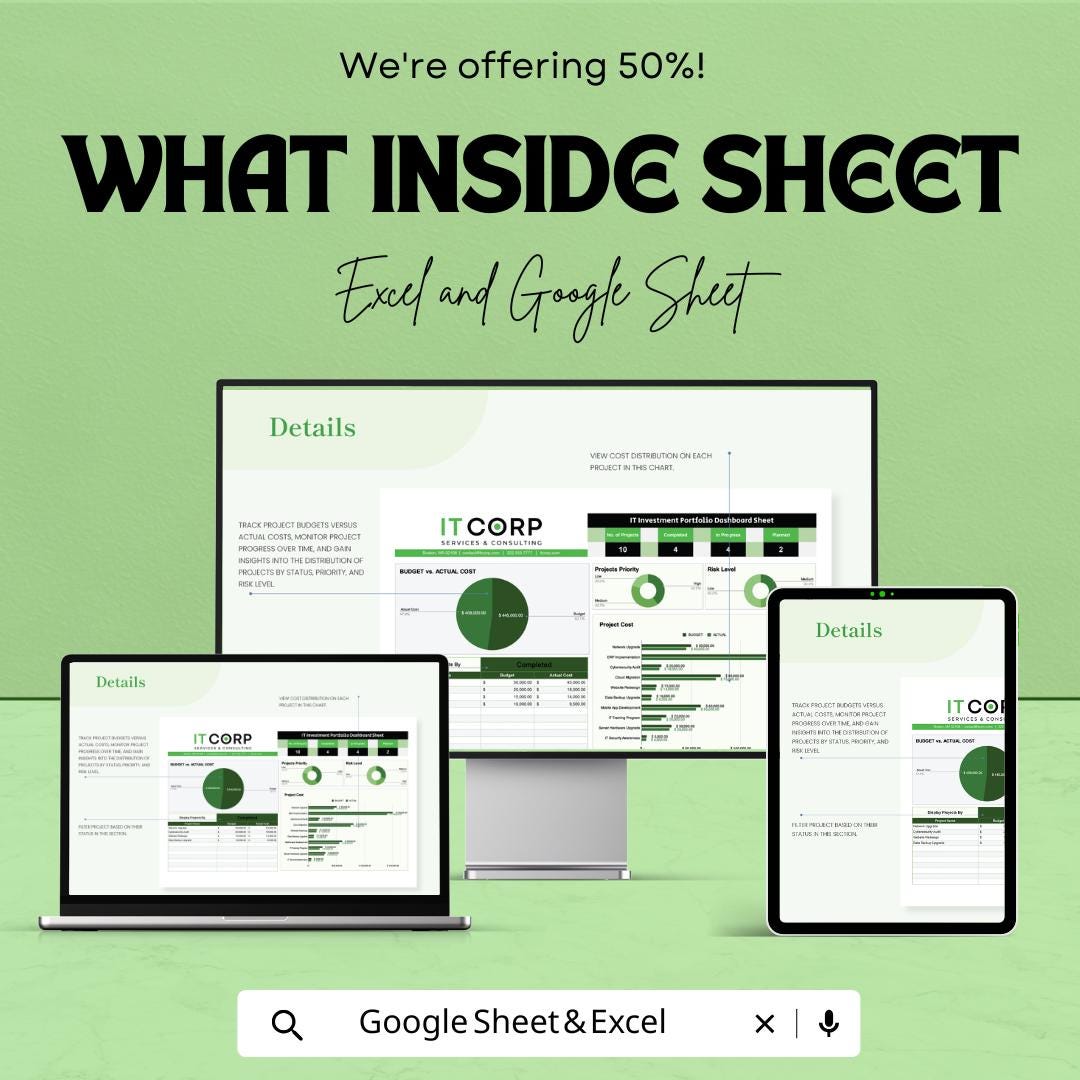 IT Investment Portfolio Dashboard Sheet Template | IT Project Portfolio Tracker | Excel & Google Sheets | Budget vs Actual Cost Dashboard