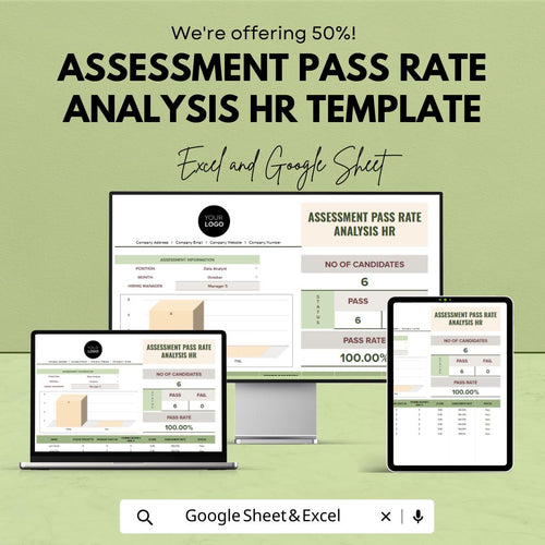Assessment Pass Rate Analysis HR Template | Excel & Google Sheets HR Dashboard | Recruitment Evaluation Tracker | Hiring Metrics Spreadsheet