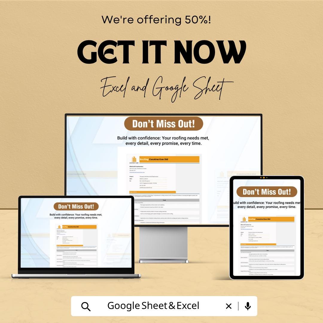 Roofing Construction Bid Template | Roofing Estimate Spreadsheet | Contractor Proposal Template | Roofing Project Quote |