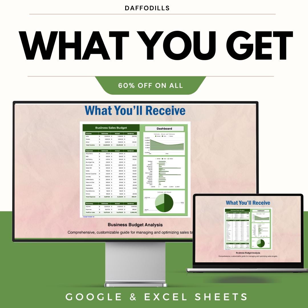 Business Sales Budget Template, Sales Budget Spreadsheet, Revenue and Expense Planner, Sales Performance Tracker, Google Sheets Excel