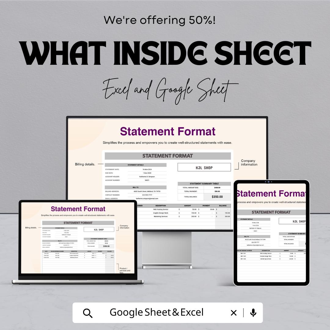 Statement Format Sheet | Google Sheets | Printable Financial Statement Template | Business Billing, Account Summary & Payment Tracker