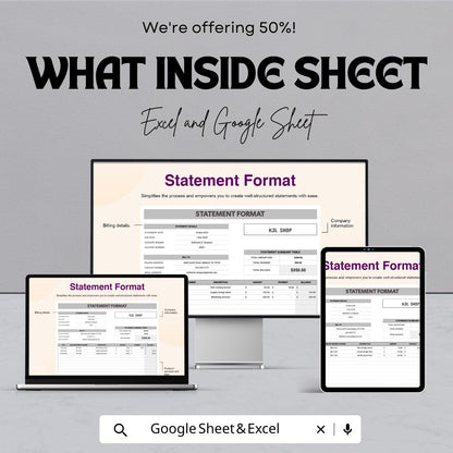 Statement Format Sheet | Google Sheets | Printable Financial Statement Template | Business Billing, Account Summary & Payment Tracker