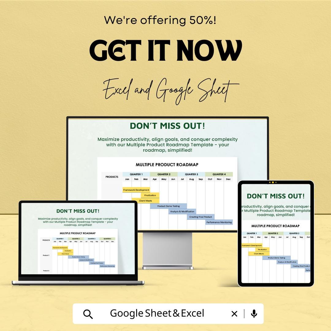 Multiple Product Roadmap Template - Editable Excel and Google Sheets - Plan & Track Product Progress Across Multiple Quarters