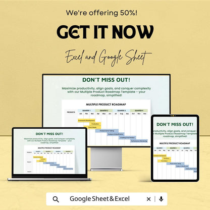 Multiple Product Roadmap Template - Editable Excel and Google Sheets - Plan & Track Product Progress Across Multiple Quarters