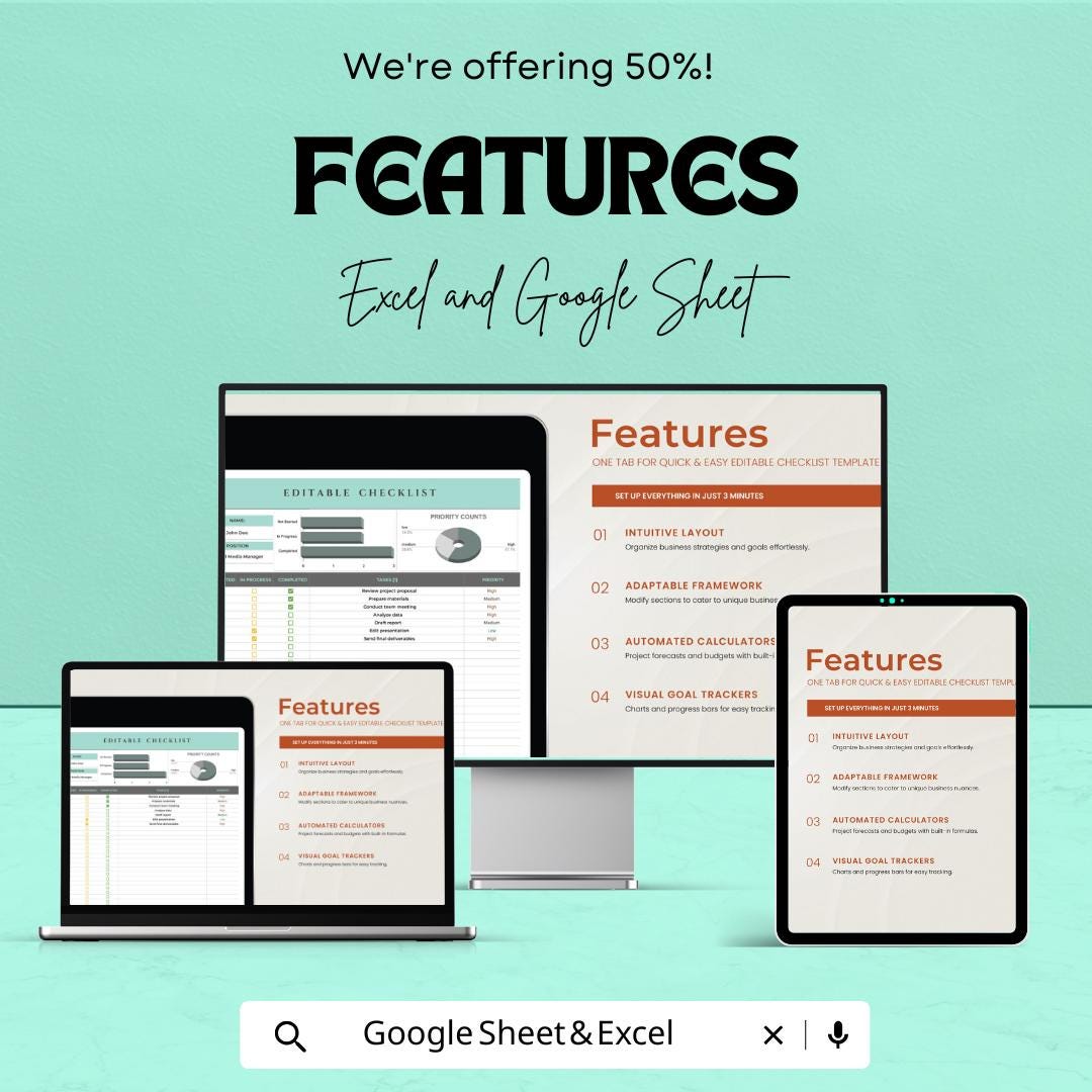 Editable Checklist Sheet | Excel and Google Sheets | Customizable Task List Template | Track Tasks & Progress | Priority Tracker |