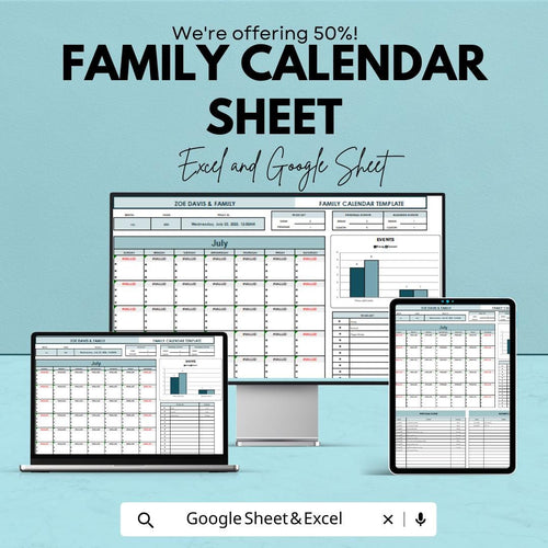 Family Calendar Sheet - Customizable Excel & Google Sheet Template for Family Organization and Event Tracking