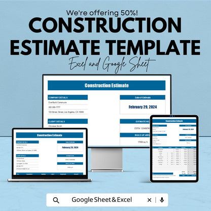 Construction Estimate Template | Cost Estimate Sheet for Contractors | Building Project Cost Breakdown Form