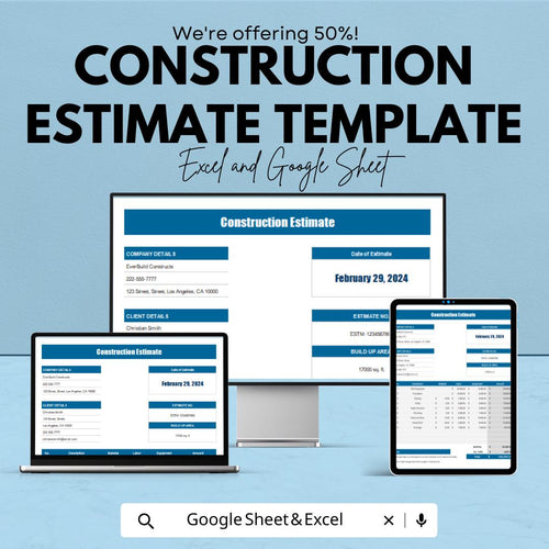Construction Estimate Template | Cost Estimate Sheet for Contractors | Building Project Cost Breakdown Form