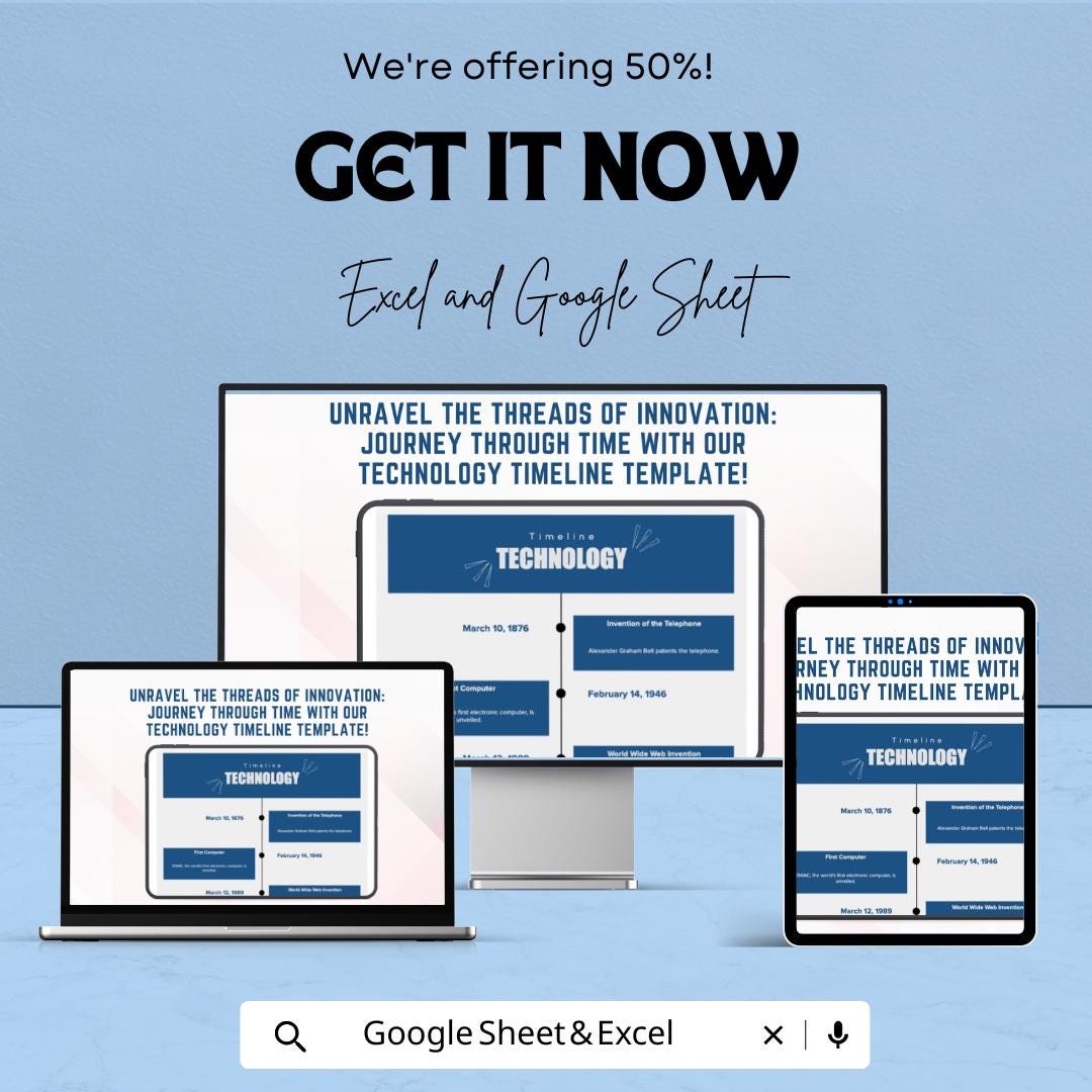 Technology Timeline Template | Historical Timeline Layout | Project Chronology Sheet | Educational Infographic | Tech Evolution Chart