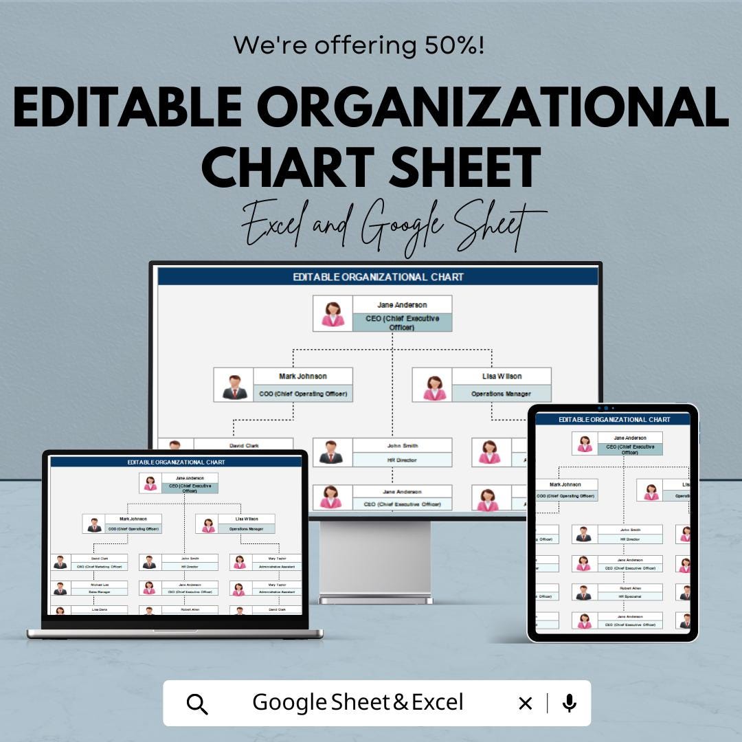 Editable Organizational Chart Template - Excel & Google Sheets - Customize Your Company Structure, Visualize Roles and Hierarchy