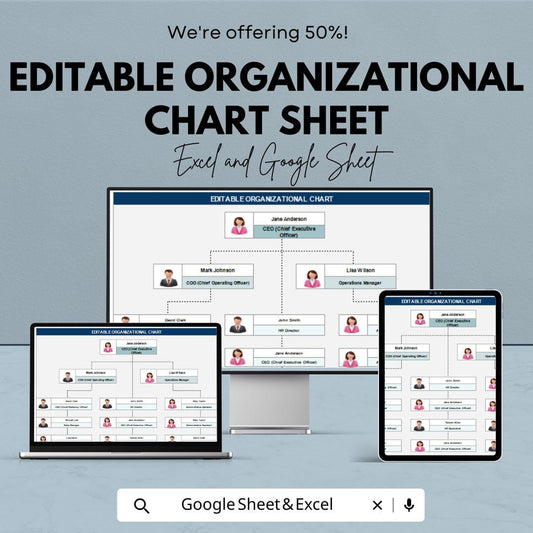 Editable Organizational Chart Template - Excel & Google Sheets - Customize Your Company Structure, Visualize Roles and Hierarchy