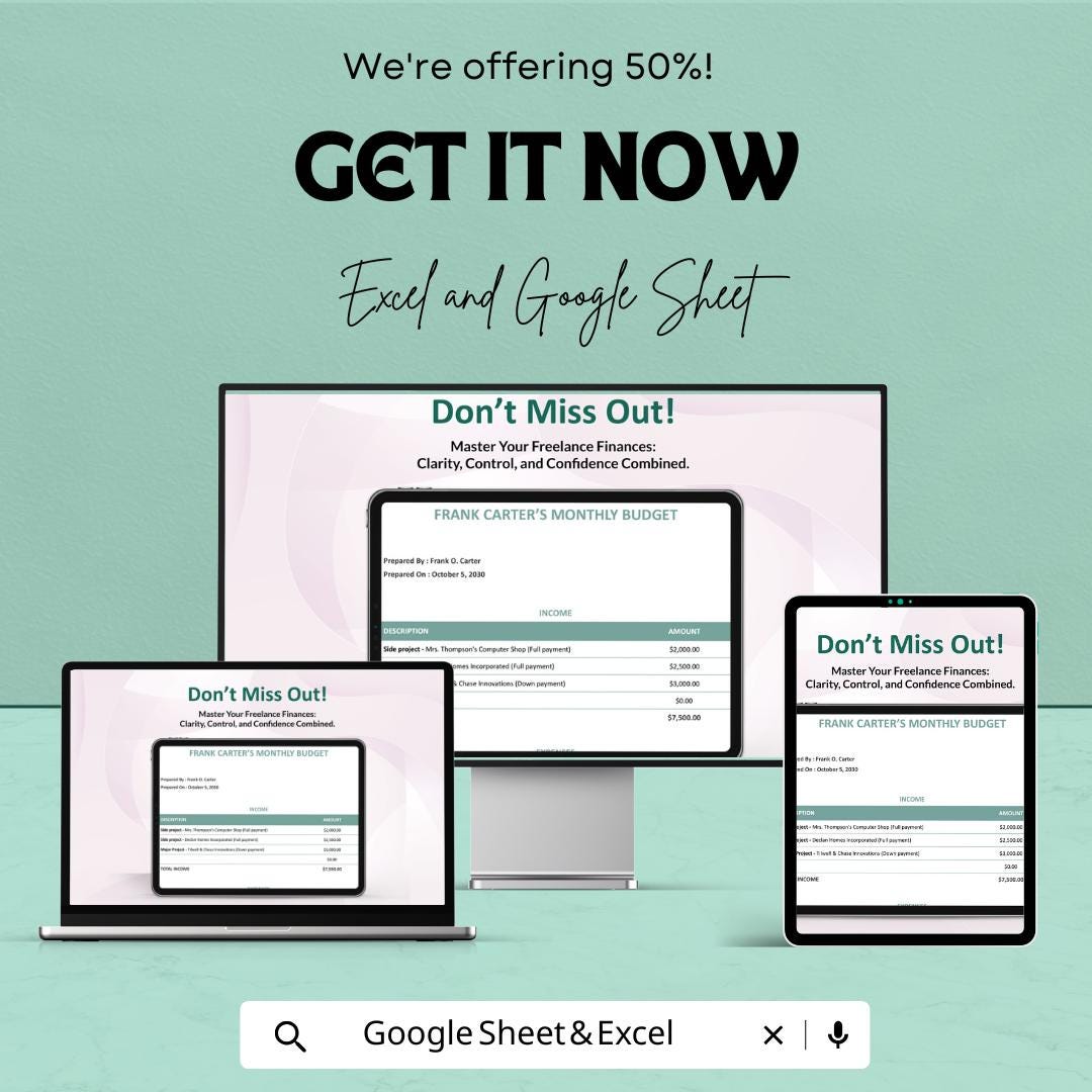 Sample Freelance Budget Sheet – Excel and Google Sheets Template | Track Income & Expenses | 50% Off