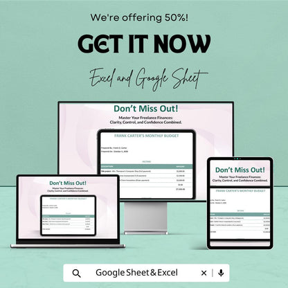 Sample Freelance Budget Sheet – Excel and Google Sheets Template | Track Income & Expenses | 50% Off