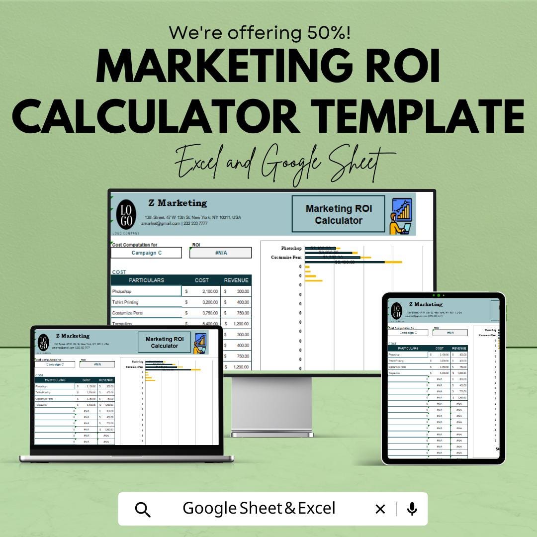 Marketing ROI Calculator Template | Excel and Google Sheets ROI Tracker | Marketing Cost and Revenue Analysis | Campaign Performance Report