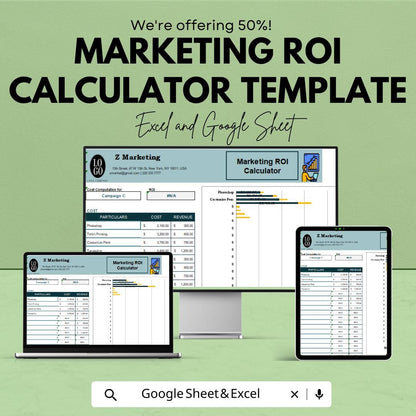 Marketing ROI Calculator Template | Excel and Google Sheets ROI Tracker | Marketing Cost and Revenue Analysis | Campaign Performance Report