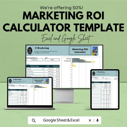 Marketing ROI Calculator Template | Excel and Google Sheets ROI Tracker | Marketing Cost and Revenue Analysis | Campaign Performance Report
