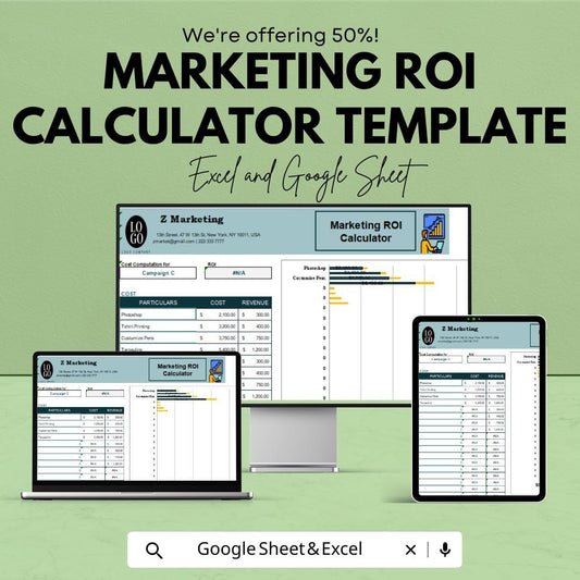 Marketing ROI Calculator Template | Excel and Google Sheets ROI Tracker | Marketing Cost and Revenue Analysis | Campaign Performance Report
