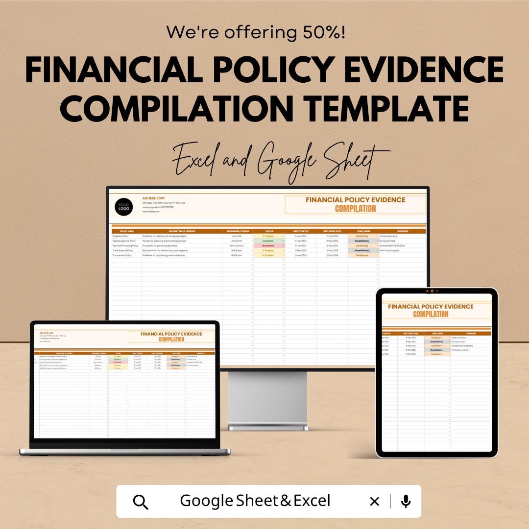Financial Policy Template | Compliance Evidence Tracker | Audit Documentation Spreadsheet | Policy Evidence Log Sheet