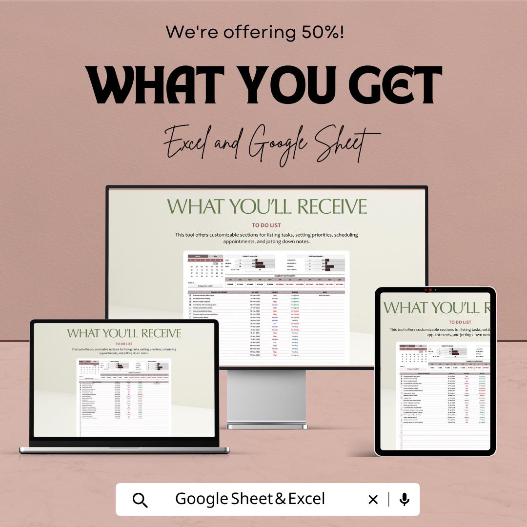 To Do List Planner Sheet - Daily Task Organizer Excel and Google Sheet - Priority Tracker & Scheduling Planner - 2025 Planner Template