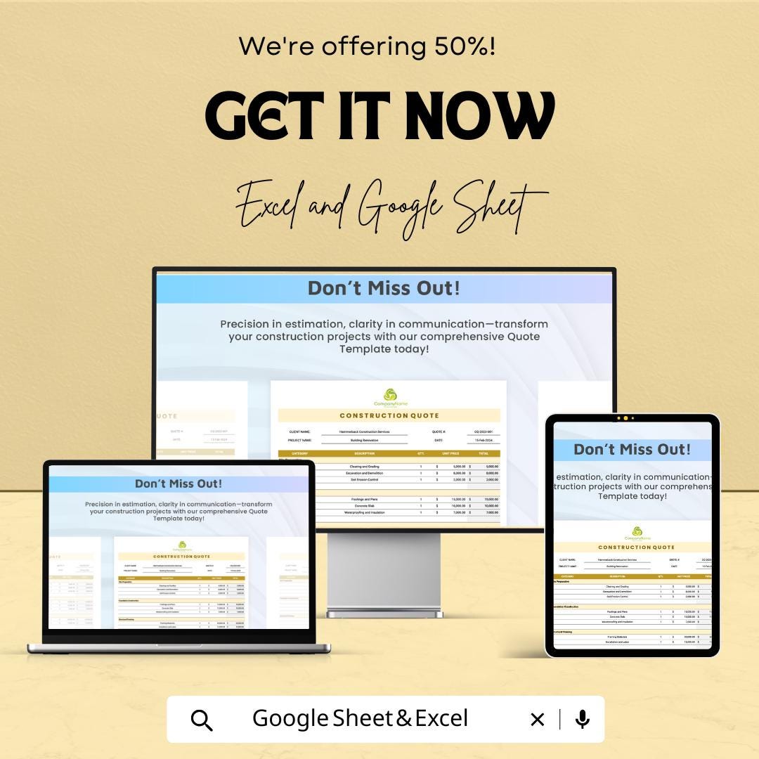 Construction Quote Template | Building Estimate Sheet | Google Sheets & Excel Quotation Form | Contractor Cost Estimate Template