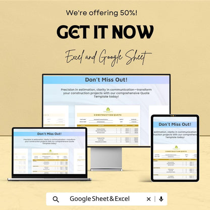Construction Quote Template | Building Estimate Sheet | Google Sheets & Excel Quotation Form | Contractor Cost Estimate Template