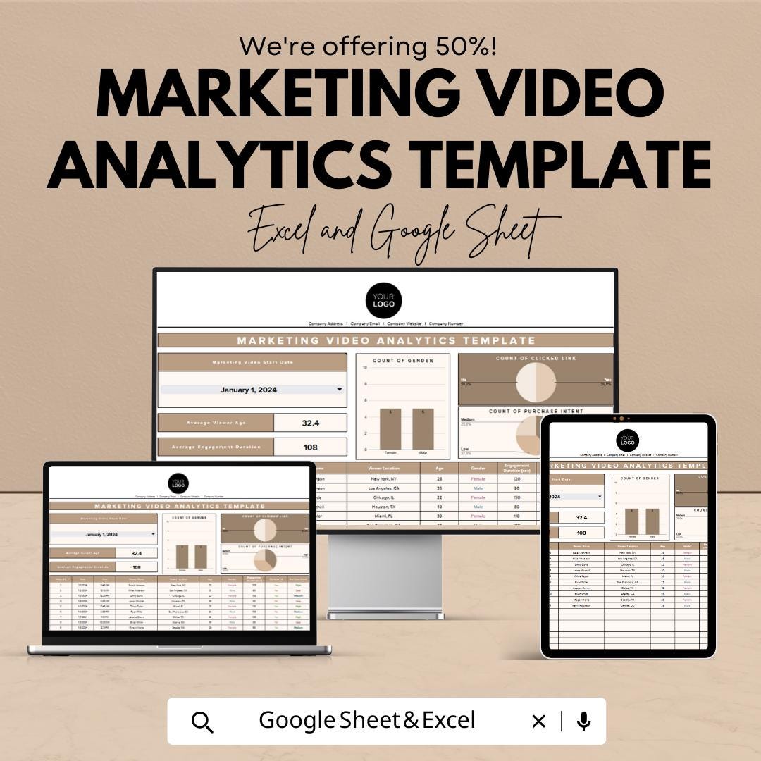 Marketing Video Analytics Template, Video Performance Tracker, Campaign Analytics Spreadsheet, Digital Download