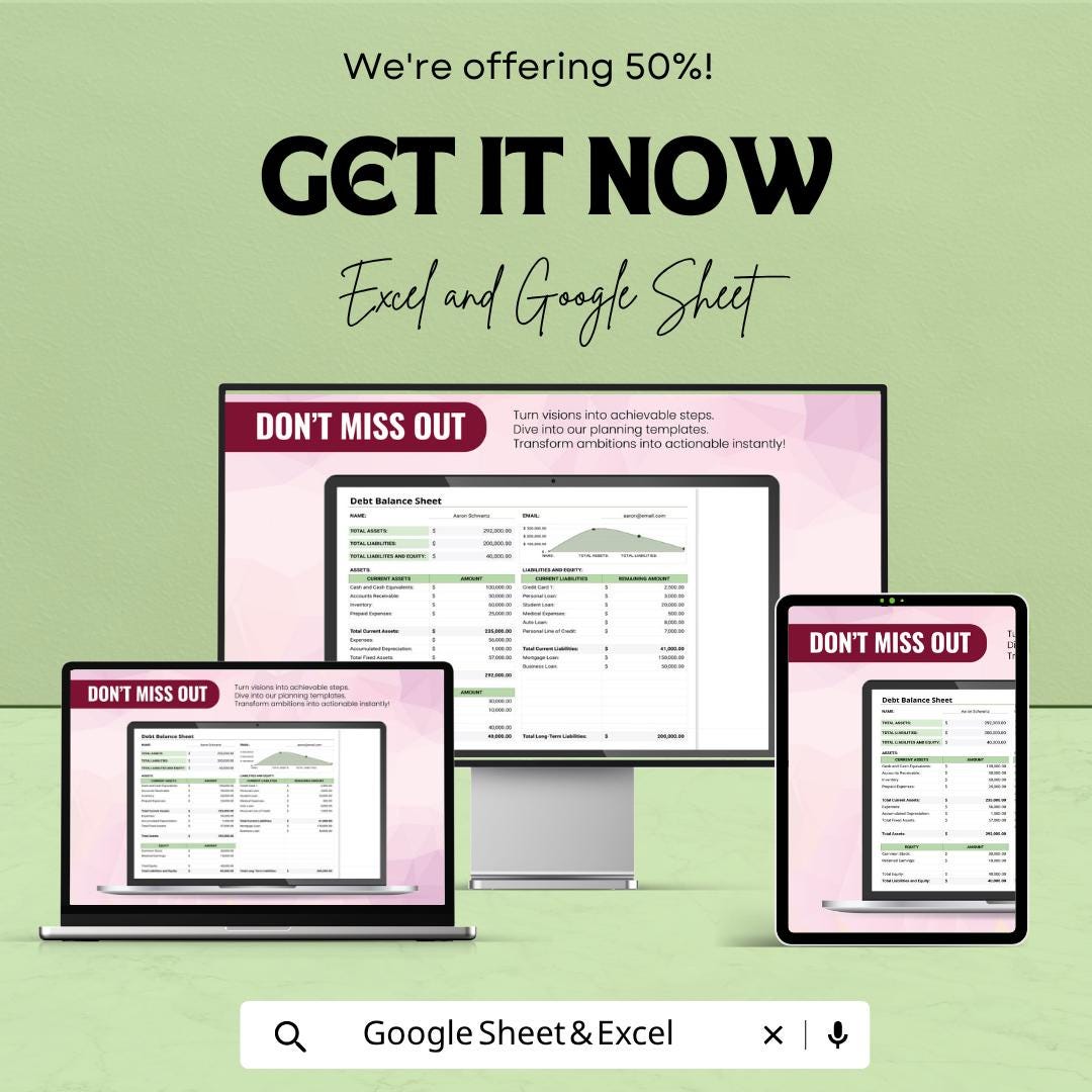 Debt Balance Sheet Template | Personal Finance Spreadsheet | Asset & Liability Tracker | Google Sheets | Financial Statement Planner