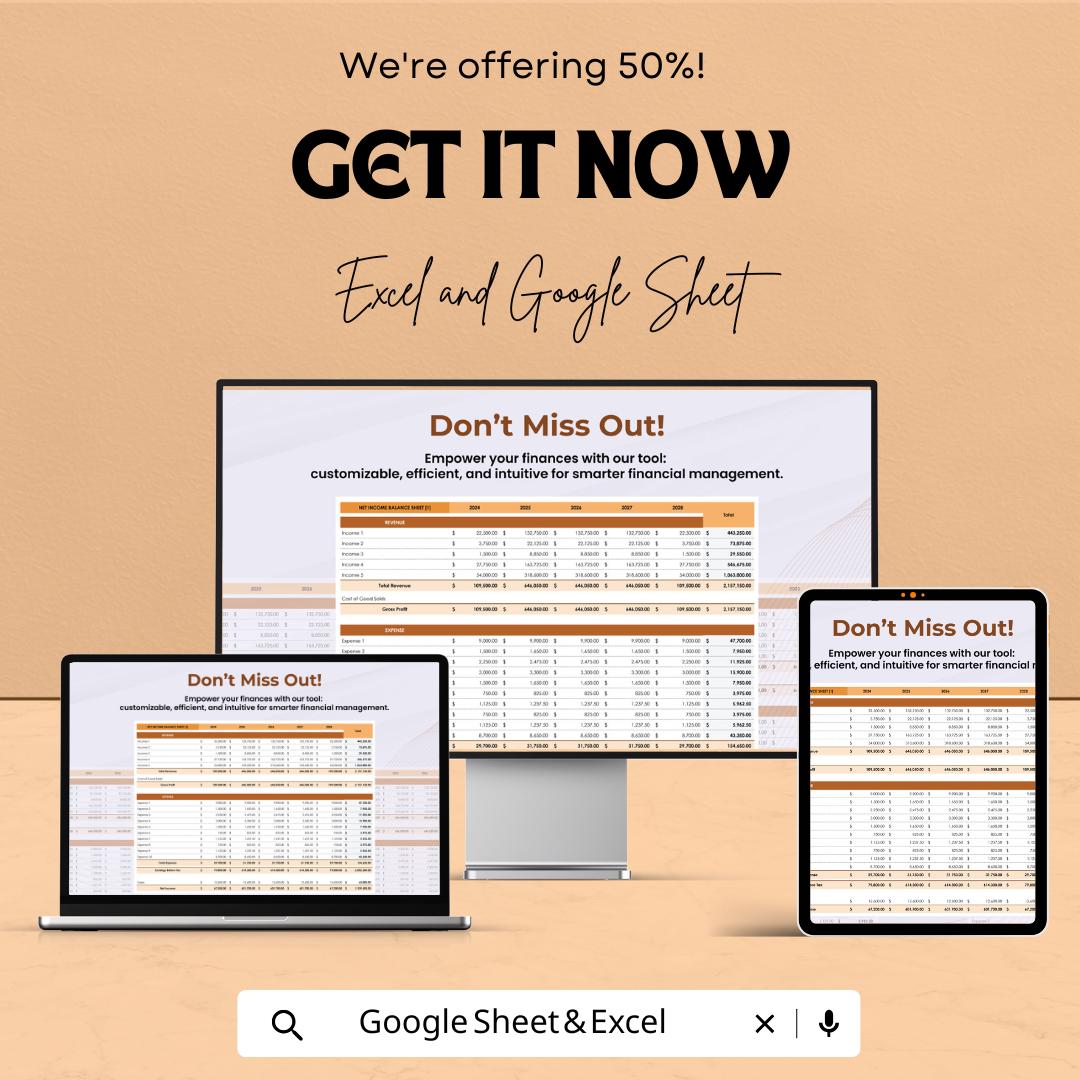 Net Income Balance Sheet | Excel & Google Sheet Template | Revenue, Expense, and Profit Tracker