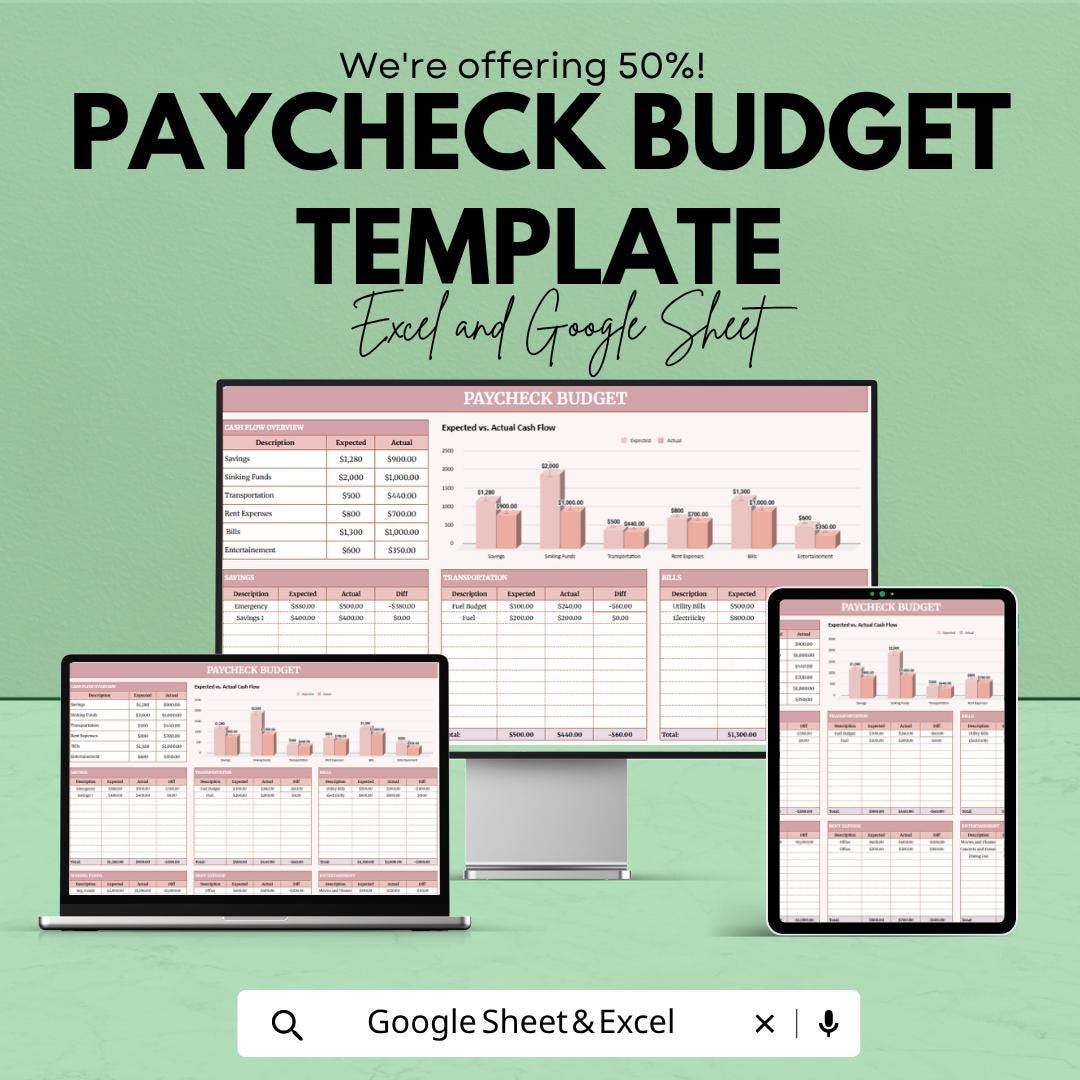 Paycheck Budget Template for Excel & Google Sheets | Monthly Budget Planner Spreadsheet | Personal Finance Tracker | Cash Flow Budget Sheet