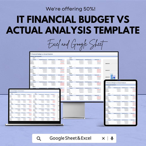 IT Financial Budget vs Actual Analysis Template | IT Budget Spreadsheet | Monthly Variance Report | Excel & Google Sheets Dashboard