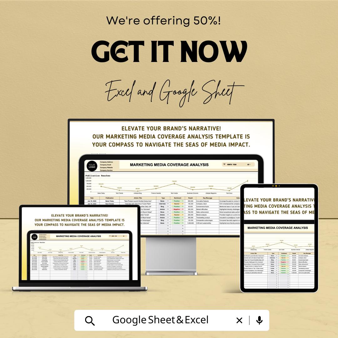 Marketing Media Coverage Analysis Template | PR Media Tracking Spreadsheet | Excel and Google Sheets | Brand Coverage & Sentiment Tracker