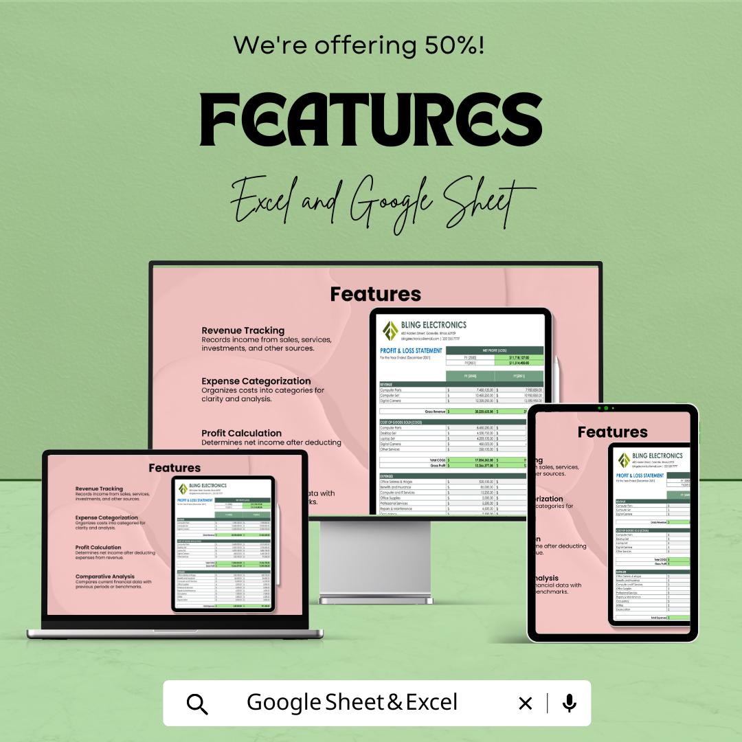 Profit and Loss Account Template | Profit and Loss Statement | Excel and Google Sheets Income Statement | P&L Report Template for Business