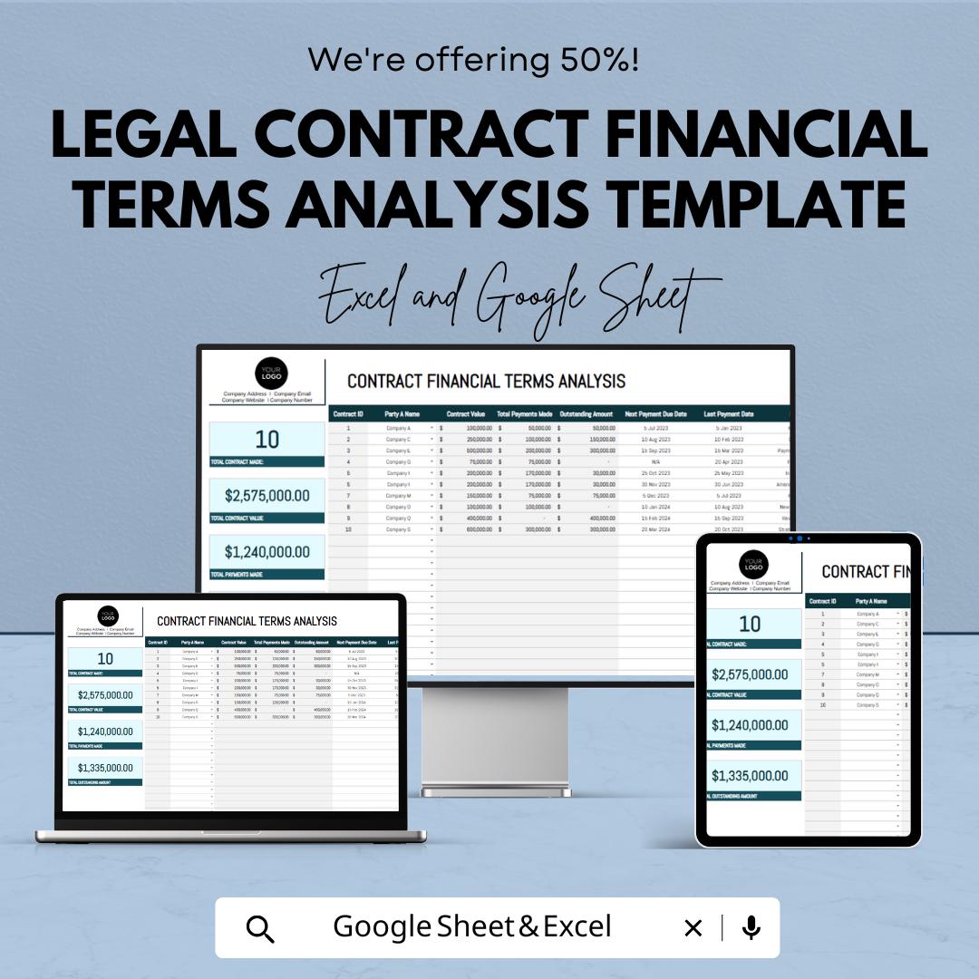 Legal Contract Financial Terms Analysis Template | Contract Payment and Financial Analysis | Excel & Google Sheets Spreadsheet