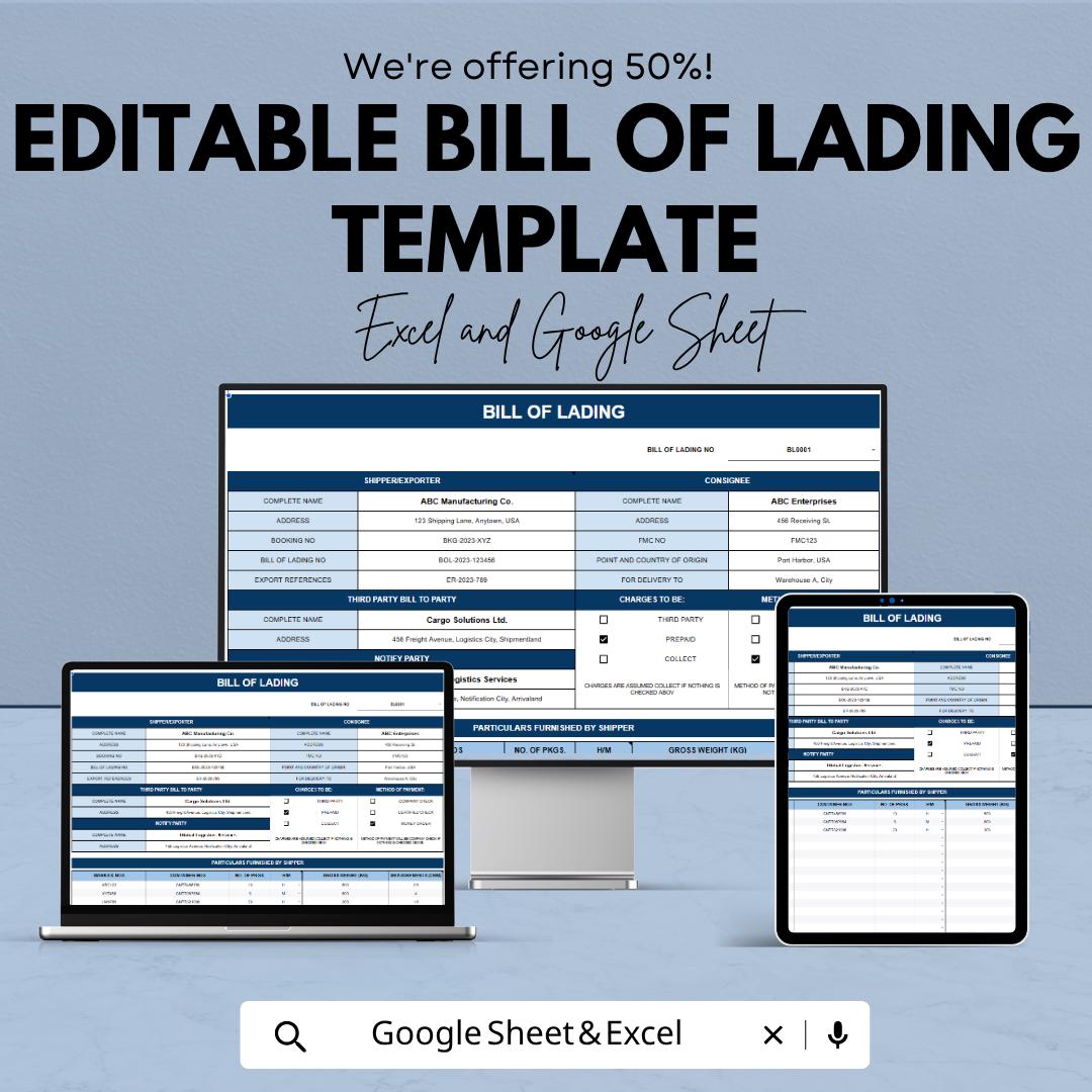 Editable Bill of Lading Template | Shipping Document Spreadsheet | Freight BOL Form Template | Excel & Google Sheets | Logistics Tracking