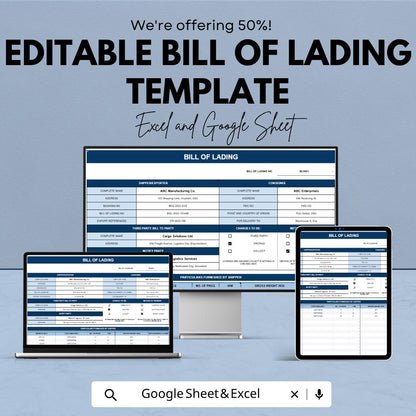 Editable Bill of Lading Template | Shipping Document Spreadsheet | Freight BOL Form Template | Excel & Google Sheets | Logistics Tracking