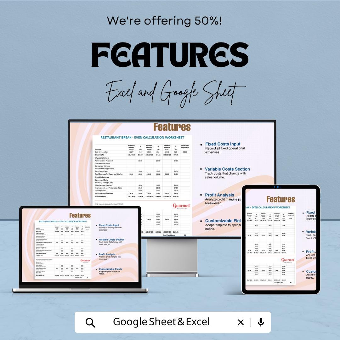 Restaurant Break Even Calculator | Food Business Financial Planner | Profit Analysis Spreadsheet | Cost & Revenue Tracker